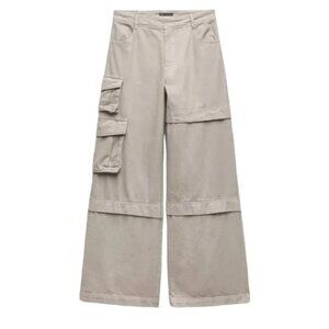 ZARA Extra Long Wide Leg Baggy Cargo Pants Womens Small Khaki